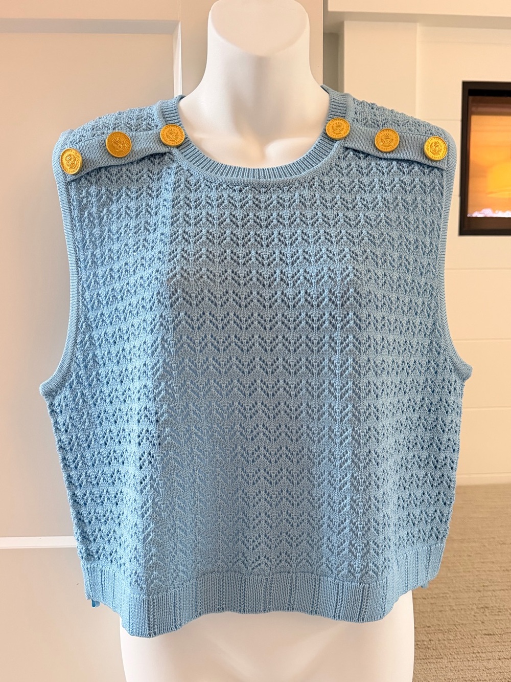 L'AGENCE Beautiful Robin Blue Knit Gold Button Sweater Sz L NEW $365!!